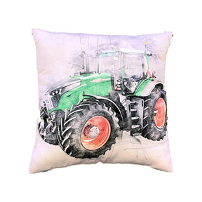 The AGCO Fendt - Deco-Pillow: Fendt 1050 Vario - X991021115000, made from soft polyester, features a detailed illustration of a Fendt 1050 Vario tractor with red wheels on a white background.