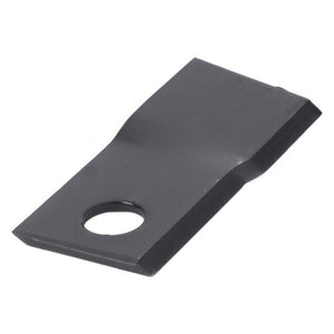 The Massey Ferguson - Knife Blade - FEL134308 by AGCO is a black metal blade with a hole near one end, designed for attachment to a disc mower or similar equipment. This AGCO Parts Genuine component ensures durability and quality, especially for Massey Ferguson machinery.