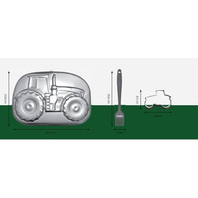 The AGCO Fendt 1050 Vario Baking Set (X991021088000) includes an image of a tractor-shaped cake pan measuring 29.5 cm by 20.8 cm, a dishwasher-safe pastry brush that is 20.5 cm long, and a stainless steel tractor-shaped cookie cutter sized at 6.8 cm by 4.5 cm.