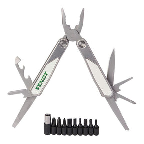 The AGCO Fendt Multitool 20plus (X991022161000), featuring various tool functions such as pliers, a knife, saw, bottle opener, and interchangeable screwdrivers, is laid out on a white background.