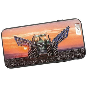 Introducing the AGCO Fendt iPhone 6 case (X991017151000), featuring an image of a large agricultural tractor with extended equipment set against a stunning sunset background. It's designed with a sturdy TPU frame and polycarbonate back for superior protection.