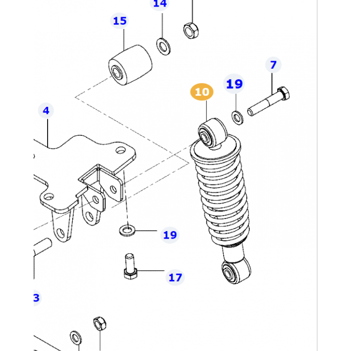 Illustration of a vehicle suspension system with labeled parts, including a Valtra Damper ACW2835330 from AGCO (10), bolts (7 and 19), spacer (15), and a mounting bracket.