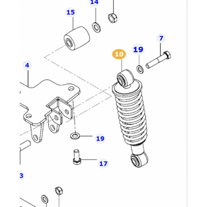 Illustration of a vehicle suspension system with labeled parts, including a Valtra Damper ACW2835330 from AGCO (10), bolts (7 and 19), spacer (15), and a mounting bracket.