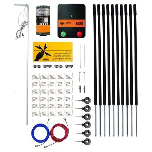 The Gallagher - Garden Kit 50 cm M35 230V - 083107 by Gallaghers features a comprehensive set of components, including wires, rods, insulators, clips, a power supply unit, and various small accessories neatly arranged on a white background. This kit is perfect for creating an effective pet fence to keep your garden secure.