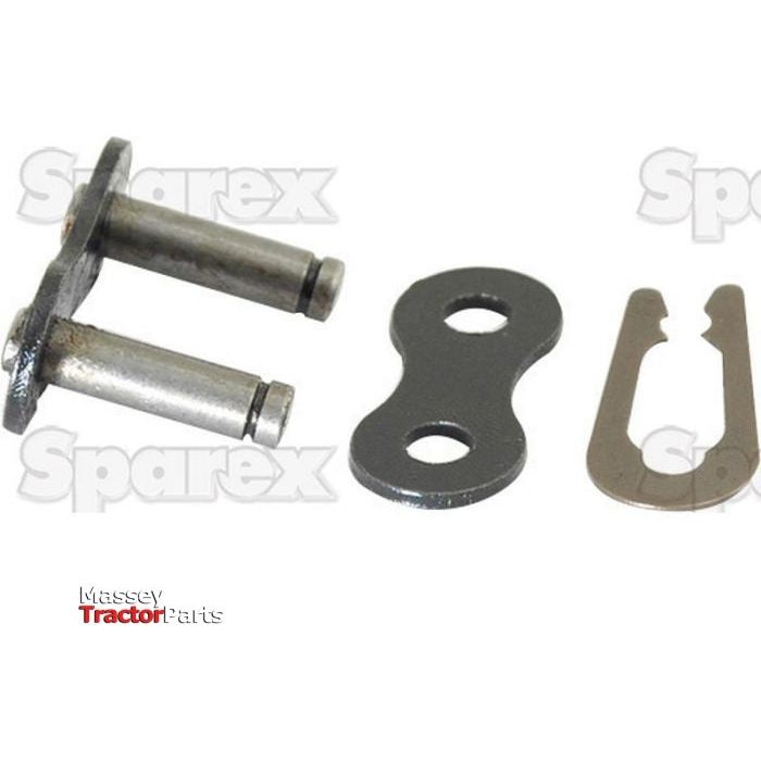 A metal chain link assembly consisting of a duplex connecting link with two pins, a double-hole connecting plate, and a clip, displaying "Sparex" and "Massey Tractor Parts" in the background. Specifically designed for duplex applications with an impressive tensile strength of 174 KN, the product is available as Connecting Link, Duplex, 100-2 | Sparex Part No. S.156362 by Sparex.