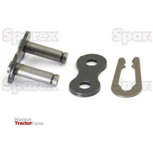 Introducing the Connecting Link, Simplex, 100-1 H (Sparex Part No. S.128803), a tractor link repair kit that includes a pin, link plate, and clip. The background showcases the "Sparex" logo as well as "Massey Tractor Parts," ensuring enhanced reliability in repairs with this versatile product by Sparex.