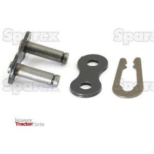 Image of a chain connecting link set featuring a double-pin link, a link plate with two holes, and a retaining clip, branded with 'Sparex' and 'Massey Tractor Parts' logos, meeting the 80-1 HV chain specification standards by iwis. The product is named "Connecting Link, Simplex, 80-1 HV" and is identified by Sparex Part No.S.128805.