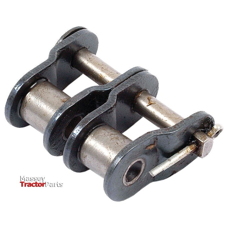 A close-up of a metal duplex chain link, specifically the Cranked Link, Duplex, 12B-2 | Sparex Part No.S.37515 by Sparex, with the text "Massey Tractor Parts" partially visible in the background, highlighting its impressive tensile strength.