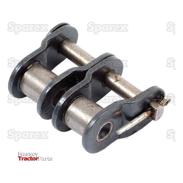 A close-up of a Cranked Link, Duplex, 60-2 (Sparex Part No. S.155539), intended for agricultural machinery or similar equipment. The background features a repeating "SPAREX" watermark and a small "Massey Tractor Parts" logo.