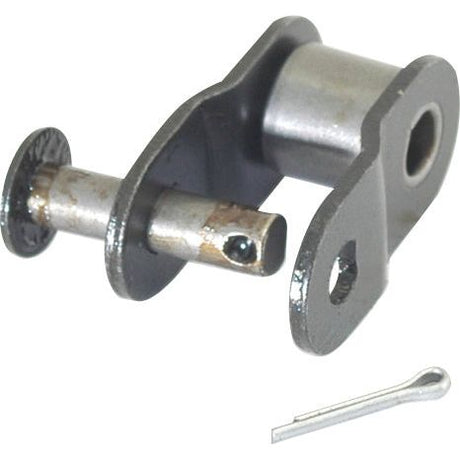 A Cranked Link, Simplex, 120-1 H (Sparex Part No. S.37505) from the brand Sparex includes a metal hinge assembly with a cylindrical pin and a separate cotter pin, and is compatible with the iwis ECOPLUS chain system.