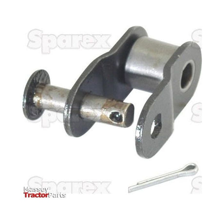 Close-up of a metal pin and bracket assembly with a cotter pin, labeled "Massey Tractor Parts" and "Sparex" in the background, featuring the Sparex Cranked Link, Simplex, 35-1 (Part No. S.37498) for enhanced durability alongside an iwis chain product line and other Simplex components.