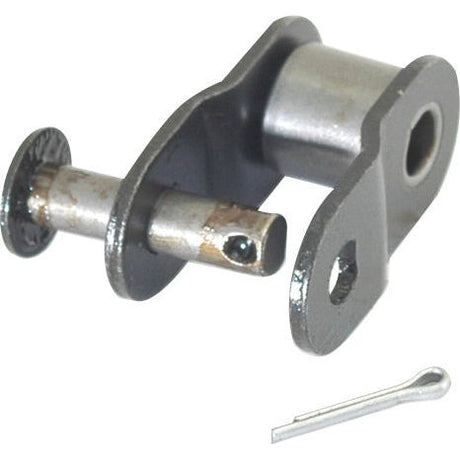 A metallic hinge assembly consisting of a pin, retaining clip, and bracket with mounting holes, compatible with an ELITE simplex 5/8 inch roller chain (Cranked Link, Simplex, 50-1 H | Sparex Part No. S.156357) by Sparex.