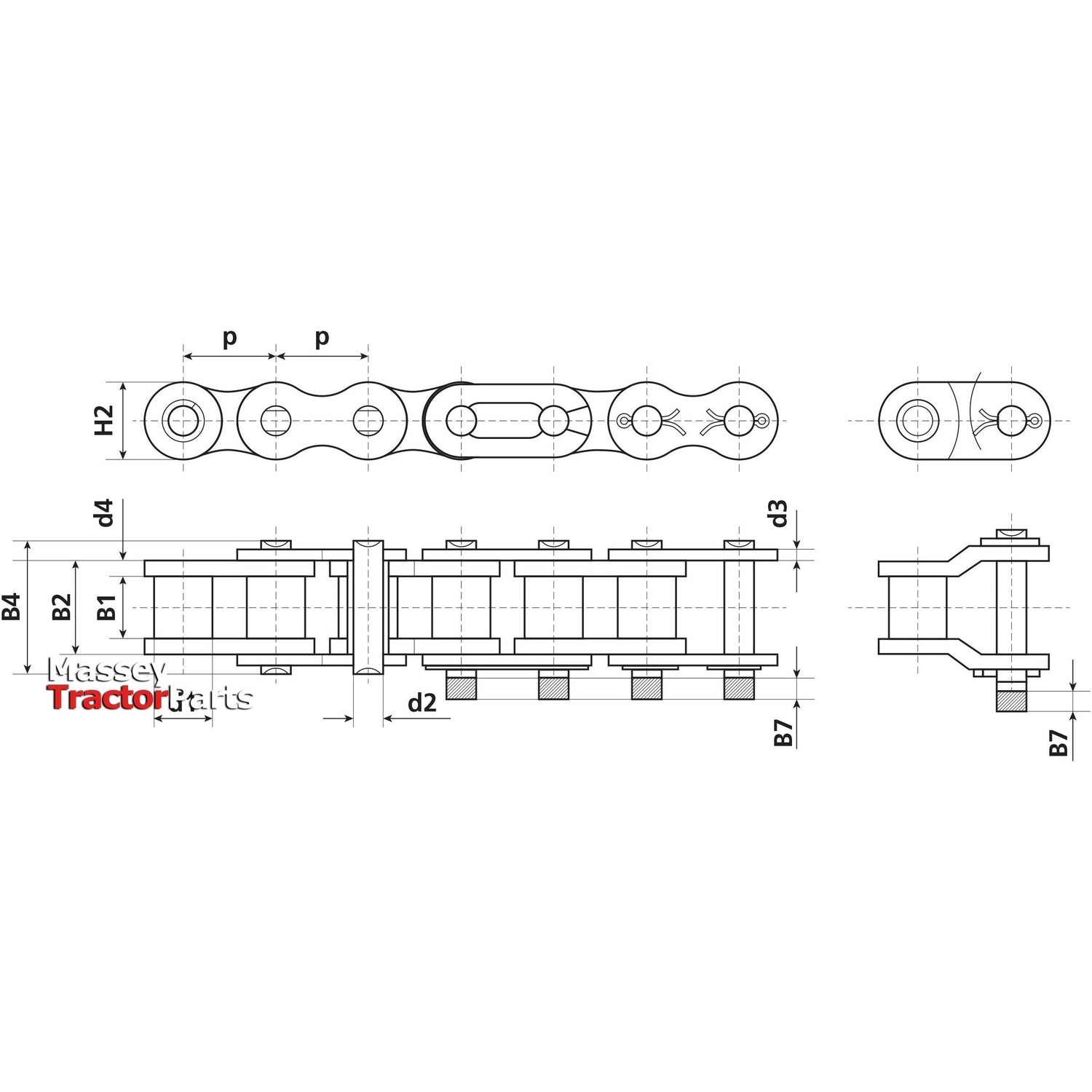 Detailed technical drawing of a Cranked Link, Simplex, 50-1 from Sparex (Sparex Part No. S.37500) with labeled components and measurements. The schematic includes front, side, and top views, incorporating chain reference points and tensile strength data. Specific dimensions are clearly indicated for precise understanding.