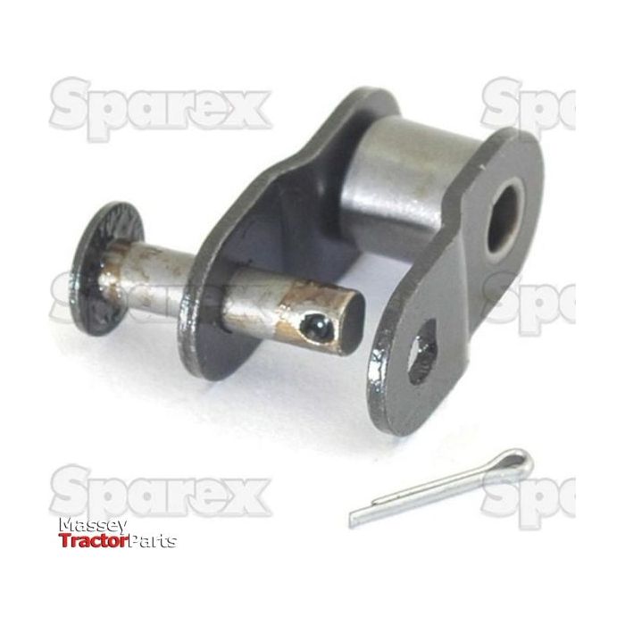 A cranked link, Simplex, 80-1 HV metal tractor part with two cylindrical rods, a hole, and a small pin, meeting ELITE specification standards. The background features "Sparex" and "Massey Tractor Parts" logos.