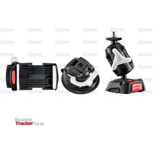 Various tractor parts displayed in a row, including clutches and connectors, with "Sparex" and "Massey Tractor Parts" logos in the background. Amongst them, a ROKK Mini Adjustable Phone Clamp & Suction Mount - S.128842 glints under the light like curved glass.