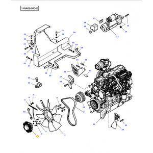 Diagram of a Massey Ferguson - Clutch - 4282824M1 engine assembly by AGCO with various components labeled by numbers, including a cooling fan, belts, and brackets. Parts are separated and indicated by arrows pointing to their respective positions.