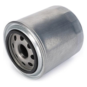 The AGCO Massey Ferguson Oil Filter (S0499820) is a cylindrical metal filter featuring a circular hole pattern and a rubber gasket on one end, ensuring proper fitment for all your Farming Parts needs when ordering.