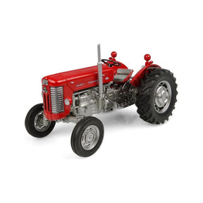 A red Massey Ferguson - MF 65 model tractor from AGCO, featuring front and rear lights and large rear tires, is shown against a white background.