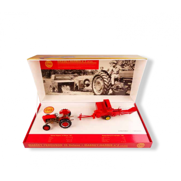 A model set from AGCO, featuring a red MF 35 Deluxe tractor and a Massey-Harris baling press, is presented with historical black-and-white photos in the background, packaged meticulously in an open box.