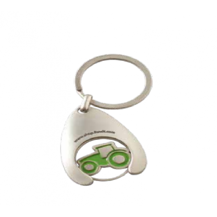 The AGCO Fendt Key Ring with Chip (product code X991019075000) showcases a green tractor design on a circular metal token, seamlessly attached to an oval-shaped holder.