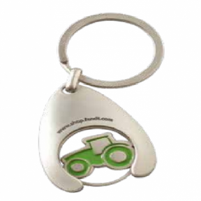 The AGCO Fendt Key Ring with Chip (product code X991019075000) showcases a green tractor design on a circular metal token, seamlessly attached to an oval-shaped holder.