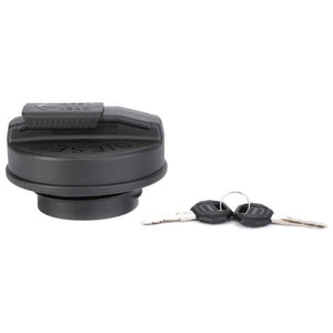 The AGCO Massey Ferguson Cap (V34650510), a black locking diesel fuel cap, is depicted on a white background alongside two silver keys. It is compatible with Massey Ferguson models including the MF 4435 and MF 4445.