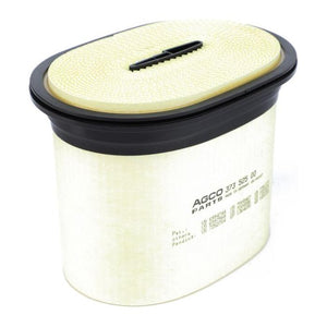 The AGCO air filter cartridge, model V37352500, features an oval shape with a black plastic rim and yellow pleated paper filter media for superior engine protection. It is compatible with Massey Ferguson equipment, and the product bears the brand name AGCO.