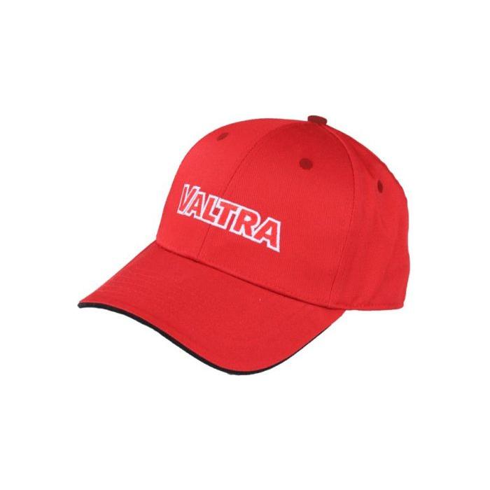 A baseball cap branded with "Valtra" (Product Name: Valtra - CAP - V42501406) by AGCO, featuring a red color, the word "VALTRA" in white letters on the front, and a slide buckle for easy adjustment.