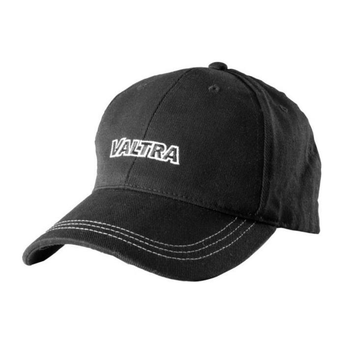 The Valtra - Cap - V42501411 by AGCO is a stylish black baseball cap crafted from unbrushed cotton, featuring the iconic Valtra logo embroidered in white on the front and a convenient Velcro strap for adjustable fitting.