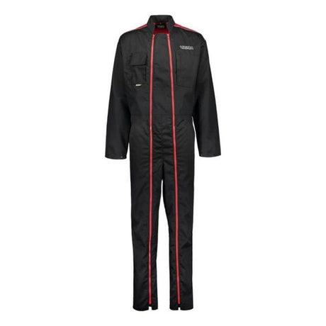 The Valtra Double Zip Overalls - V4260900 by AGCO boast a black design with red piping detail, multiple multipurpose pockets, and a front zipper closure, all crafted from highly durable material.