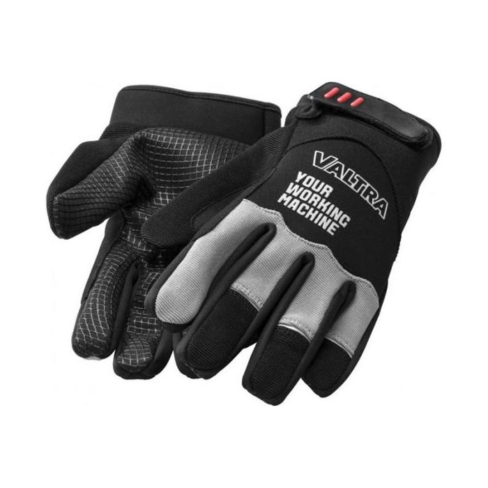 Introducing the Valtra - Work Gloves - V4270130 by AGCO, a pair of durable work gloves in black and gray. These gloves feature "VALTRA" and "YOUR WORKING MACHINE" prominently printed on them, providing a strong hold for any task at hand.