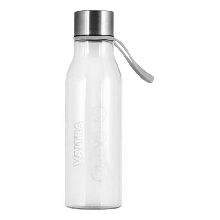 AGCO's Valtra Drinking Bottle (V42801090) is a BPA-free clear glass bottle with a metal cap and a carrying strap, showcasing the word "VALTRA" printed vertically on its side.