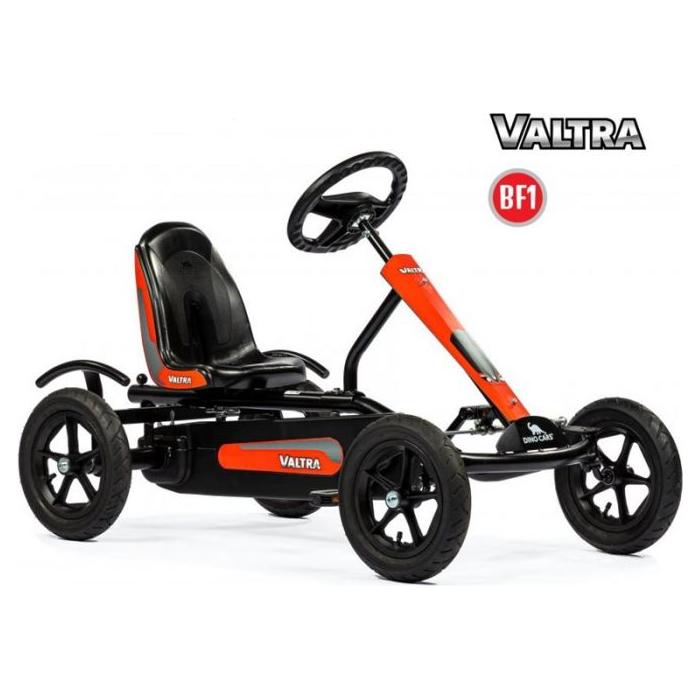 A Valtra Roadster Go Kart by AGCO (V42801560), featuring a red and black color scheme with a Valtra logo, black wheels, and a single-seat design including an adjustable seat and backpedal brake, displayed against a white background.