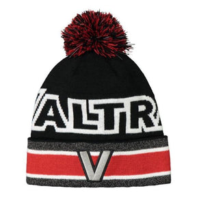 This black Valtra beanie, product code V42801710 by AGCO, features a red and black pom pom, the word "VALTRA" in white, and a red band with a "V" emblem on the brim.