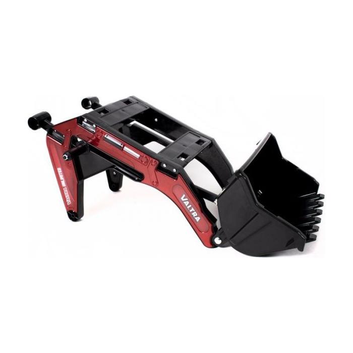 AGCO's Valtra - Loader for Pedal Tractor (V42801810) is a red and black hydraulic front loader attachment designed for small tractors or machinery, echoing the robust craftsmanship characteristic of Valtra S4 pedal tractors.