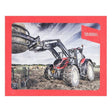 A completed Valtra - Tractor-themed puzzle by AGCO, depicting a realistic tractor lifting a hay bale with a farming tool under a cloudy sky. This 42-piece puzzle, model V42802300, has a red border and features the Valtra logo in the top right corner.