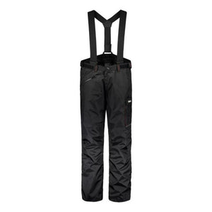 The AGCO Valtra - Black Winter Trousers (V4280830) are waterproof cargo trousers with suspenders, featuring a front zipper, side zippered pocket, and reinforced knees.