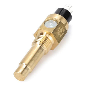 AGCO Massey Ferguson temperature sensor (V836640772) made of brass, featuring a threaded base and a black connector at the top, designed for monitoring or measuring temperature or pressure in mechanical systems, compatible with Massey Ferguson models like the MF 4445 T3.