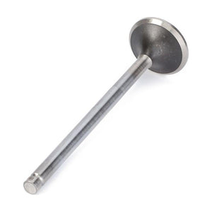 A metallic Massey Ferguson exhaust valve, product number V836646357 by AGCO, featuring a flat rounded end and a cylindrical stem, is shown against a white background.