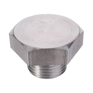 A metallic hexagonal plug with a threaded base, from AGCO's Massey Ferguson - Plug - V836655493, is shown on a white background.