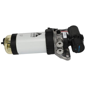 A cylindrical fuel filter assembly, identified as the Massey Ferguson - Transfer pump - V837073629 by AGCO, features a white body, black top and bottom caps, and multiple connections including wires and hoses. It is compatible with both Massey Ferguson models and Fendt Vario models.