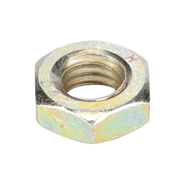 A metallic hexagonal nut with a threaded hole in the center, perfect for use in Fendt Vario or FAVORIT machinery. Product Name: AGCO - Fendt - Nut - X428802401000.