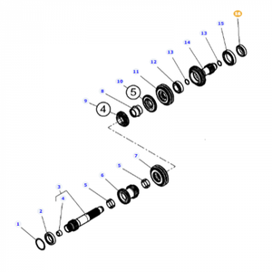 Exploded view of a mechanical assembly featuring 16 numbered components, including rings, bearings like the AGCO Massey Ferguson Taper Roller Bearing - X619045300009, and a central shaft, arranged sequentially; perfect for comprehending the sophisticated design of Massey Ferguson tractor parts.