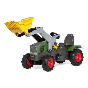 The AGCO Fendt 211 Vario with Pneumatic Wheels and Frontloader (X991000818000) is a children’s pedal tractor that features red wheels, a green and gray body, and a yellow front loader bucket, ensuring hours of imaginative play.