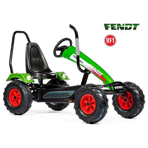 Introducing the AGCO Fendt - Fendt roadster with back pedal brake, featuring large red and black studded tyres. This green and black pedal go-kart, adorned with the iconic Fendt logo, is designed especially for children.