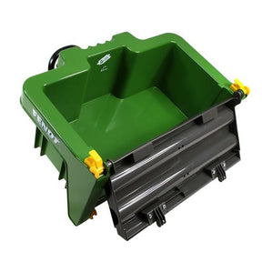 A Fendt REAR BOX from rolly toys by AGCO, featuring green machinery attachment with metal components, yellow clasps, and "Elho" branding on its side, perfect for use with a tractor.