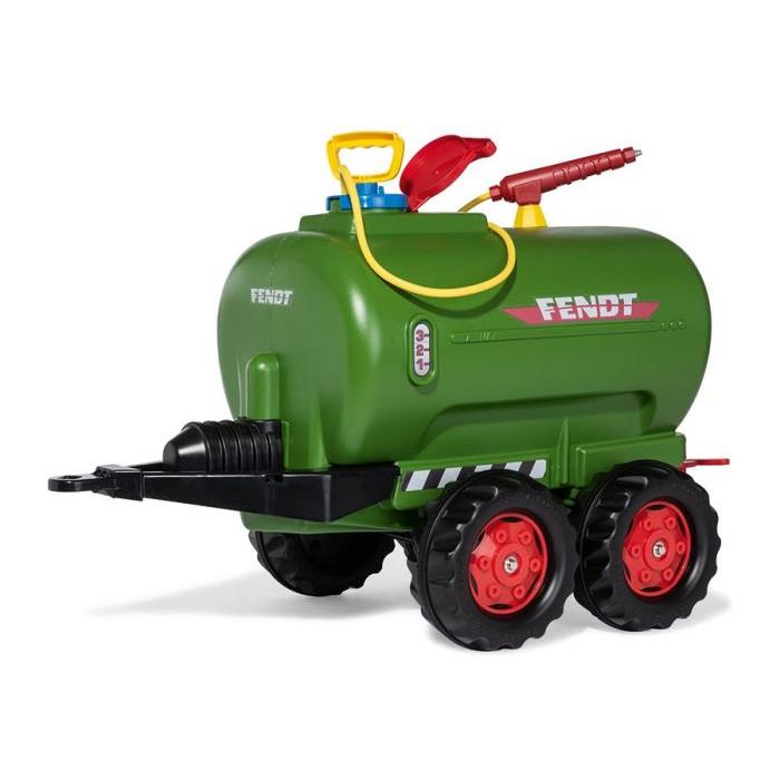 AGCO's Fendt - Tanker Fendt- Two-Axle Trailer (X991019073000) is a green toy featuring wheels, red and yellow detailing, a black hitch, and a water-fillable barrel trailer.