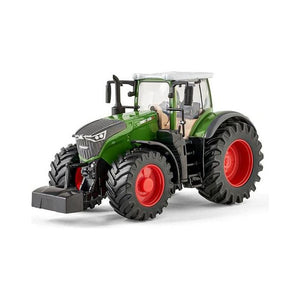 A green Fendt 1050 Vario Bburago children's farm tractor by AGCO, featuring large black tires, red rims, a detailed cab, and a front weight block, is displayed against a white background.