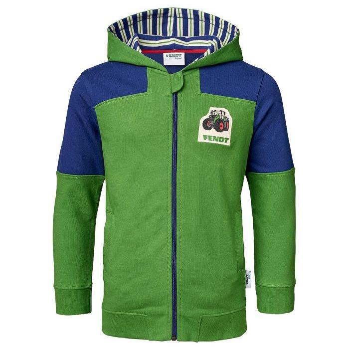 AGCO's Fendt Children's Sweat Jacket (X991020097) is a green and blue zip-up hoodie adorned with a charming tractor design, made from durable materials and featuring a striped interior lining.