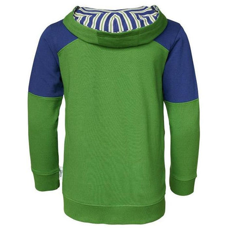 The Fendt Children's Sweat Jacket, model X991020097 by AGCO, features a green and blue long-sleeve design with striped lining in the hood, viewed from the back. It is crafted from durable materials.